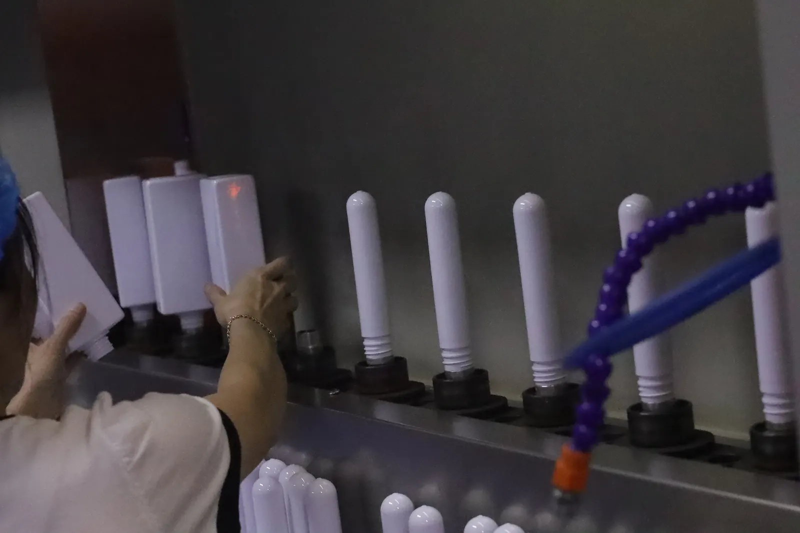 Operator handling bottle forms beside the WDPACK production line