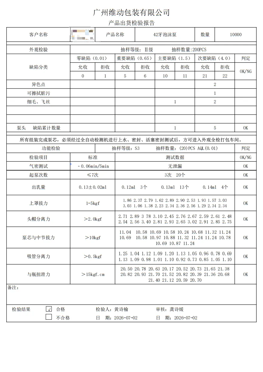 WDPACK example batch inspection sheet